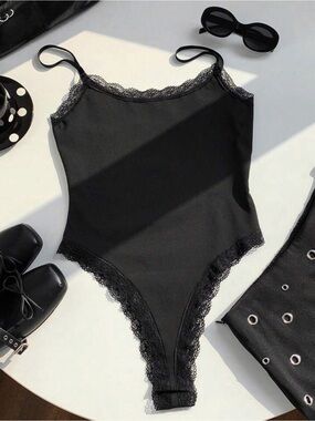 SHEIN Black Lace-Trim Cami Bodysuit